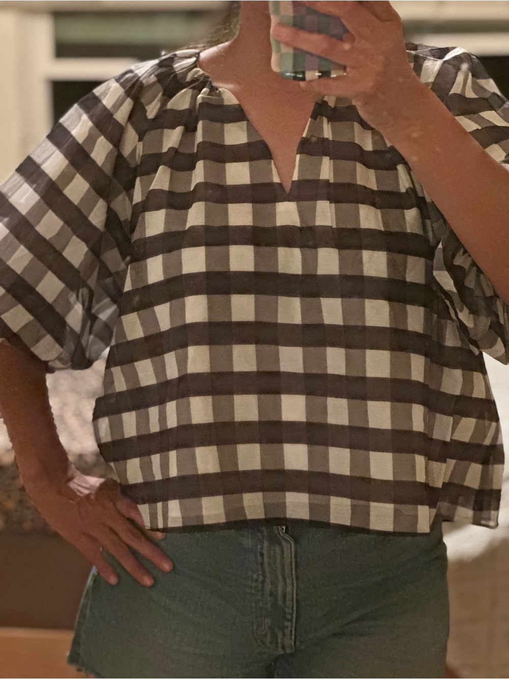 Madewell Black & White Gingham Peasant Blouse size 6 I'm an xs - small